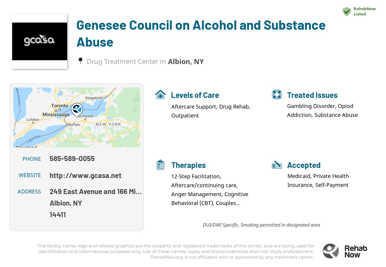 Helpful reference information for Genesee Council on Alcohol and Substance Abuse, a drug treatment center in New York located at: 249 East Avenue and  166 Mikinstry Street, Albion, NY 14411, including phone numbers, official website, and more. Listed briefly is an overview of Levels of Care, Therapies Offered, Issues Treated, and accepted forms of Payment Methods.