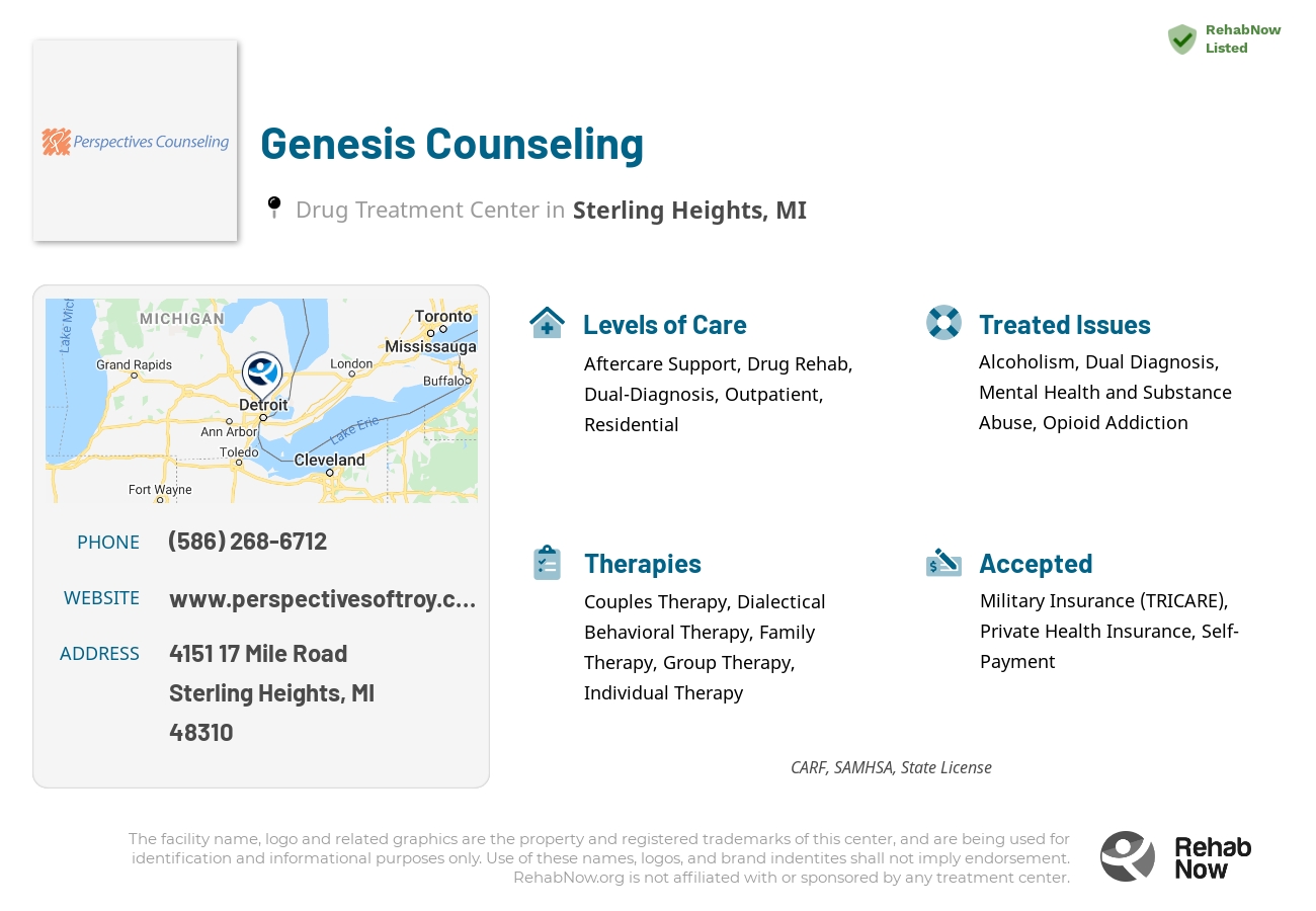 Helpful reference information for Genesis Counseling, a drug treatment center in Michigan located at: 4151 17 Mile Road, Sterling Heights, MI, 48310, including phone numbers, official website, and more. Listed briefly is an overview of Levels of Care, Therapies Offered, Issues Treated, and accepted forms of Payment Methods.