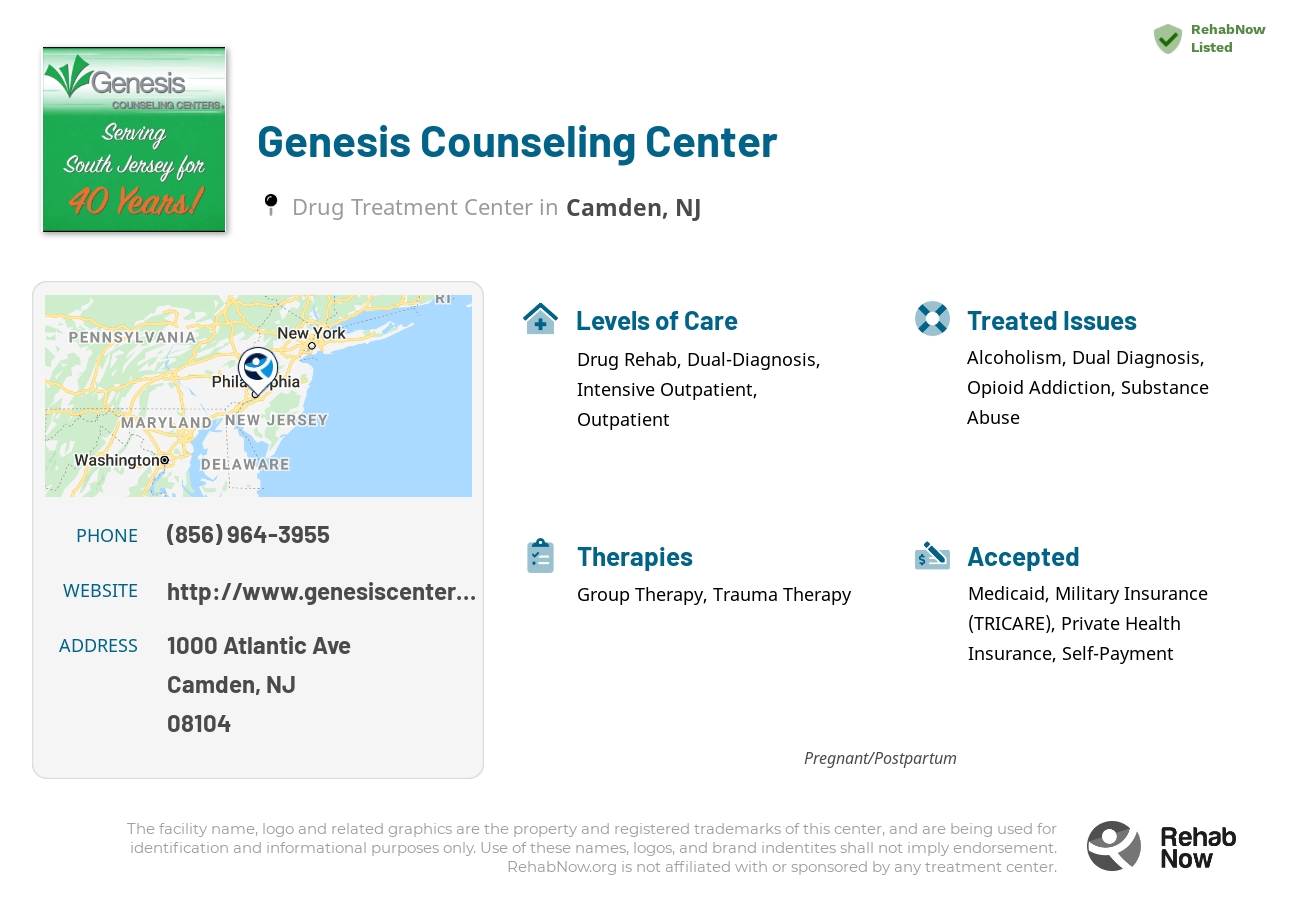 Helpful reference information for Genesis Counseling Center, a drug treatment center in New Jersey located at: 1000 Atlantic Ave, Camden, NJ 08104, including phone numbers, official website, and more. Listed briefly is an overview of Levels of Care, Therapies Offered, Issues Treated, and accepted forms of Payment Methods.