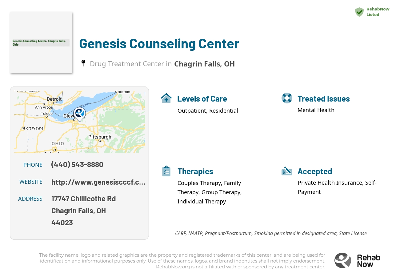 Helpful reference information for Genesis Counseling Center, a drug treatment center in Ohio located at: 17747 Chillicothe Rd, Chagrin Falls, OH 44023, including phone numbers, official website, and more. Listed briefly is an overview of Levels of Care, Therapies Offered, Issues Treated, and accepted forms of Payment Methods.