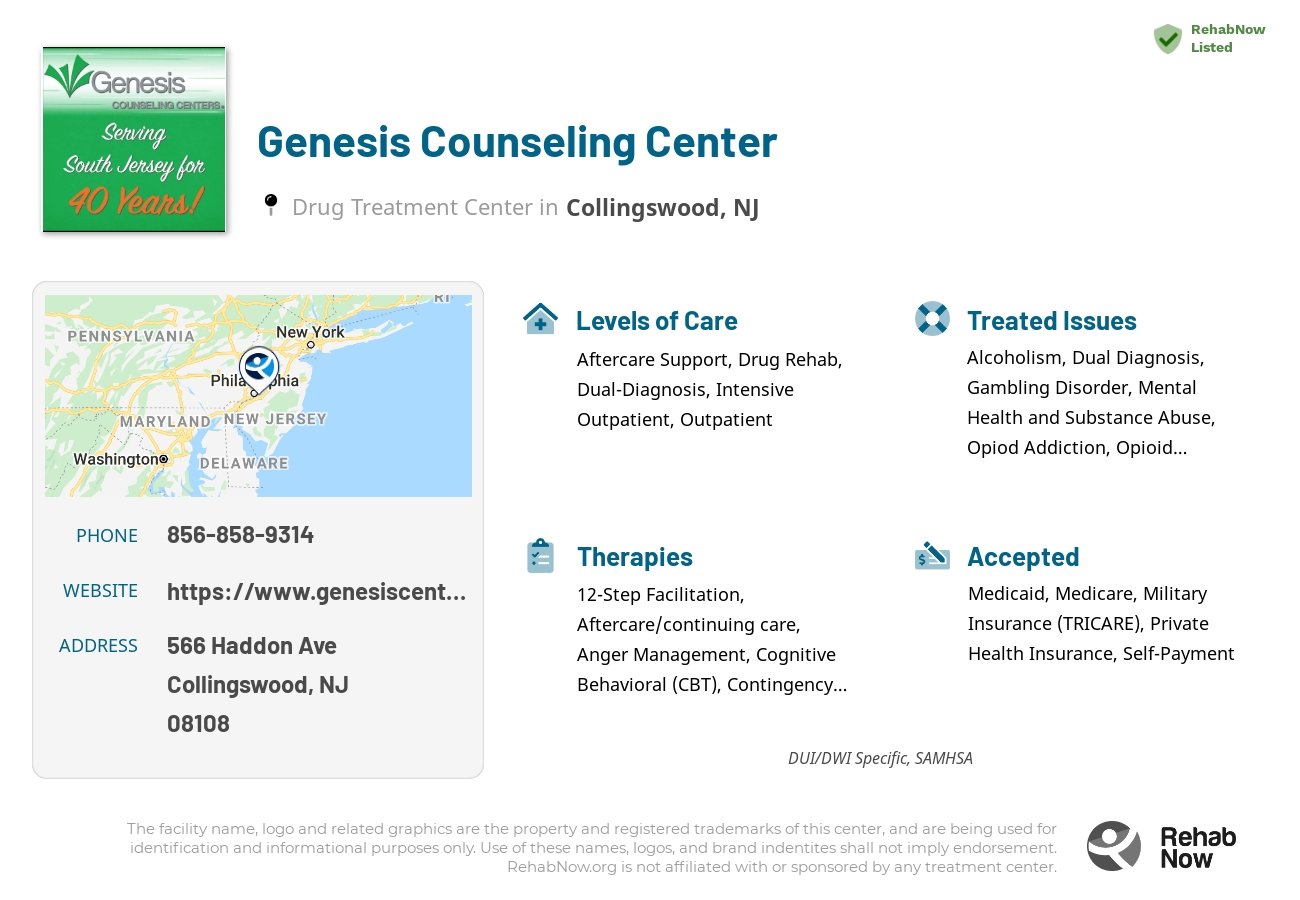 Helpful reference information for Genesis Counseling Center, a drug treatment center in New Jersey located at: 566 Haddon Ave, Collingswood, NJ 08108, including phone numbers, official website, and more. Listed briefly is an overview of Levels of Care, Therapies Offered, Issues Treated, and accepted forms of Payment Methods.