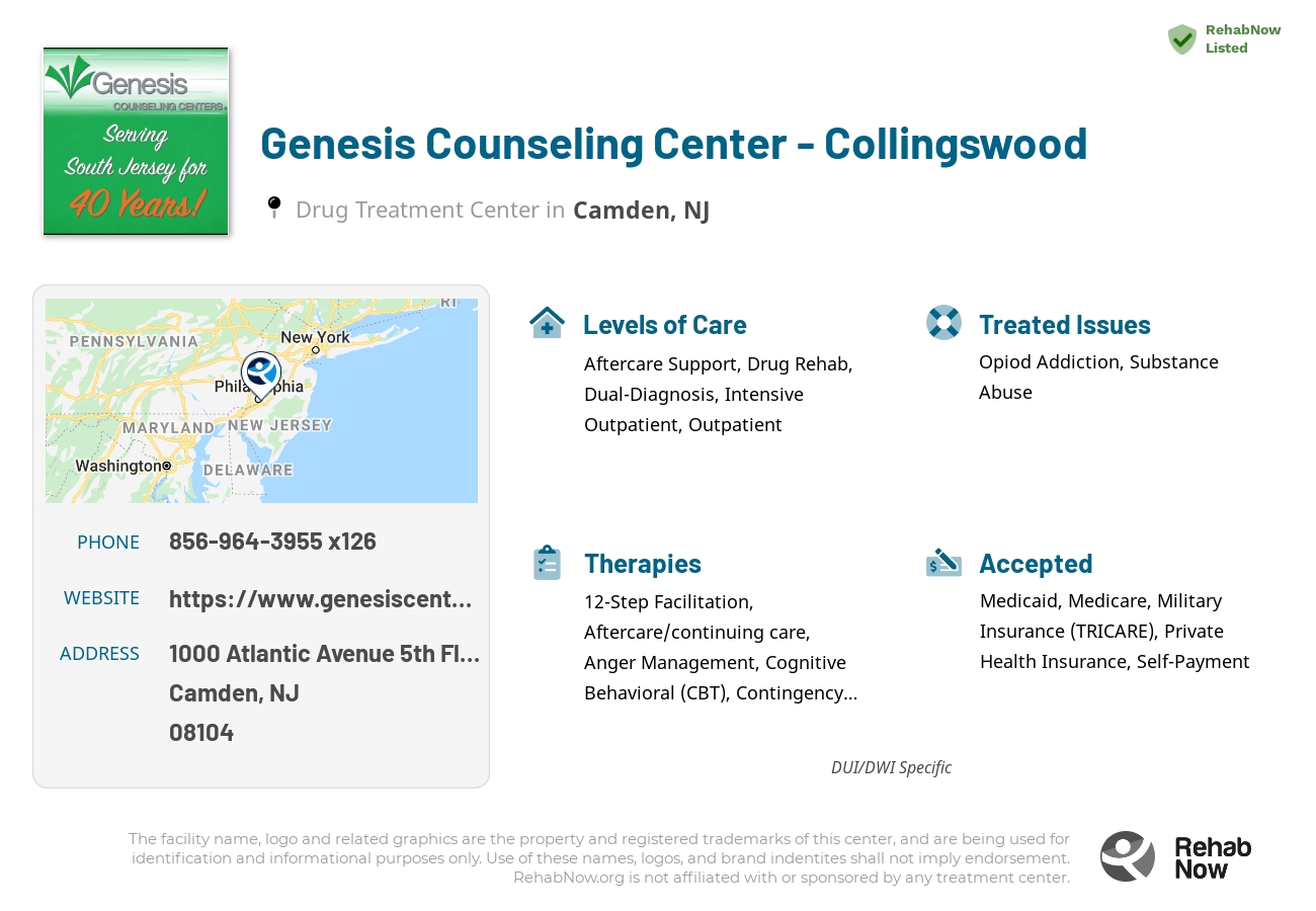 Helpful reference information for Genesis Counseling Center - Collingswood, a drug treatment center in New Jersey located at: 1000 Atlantic Avenue 5th Floor, Camden, NJ 08104, including phone numbers, official website, and more. Listed briefly is an overview of Levels of Care, Therapies Offered, Issues Treated, and accepted forms of Payment Methods.