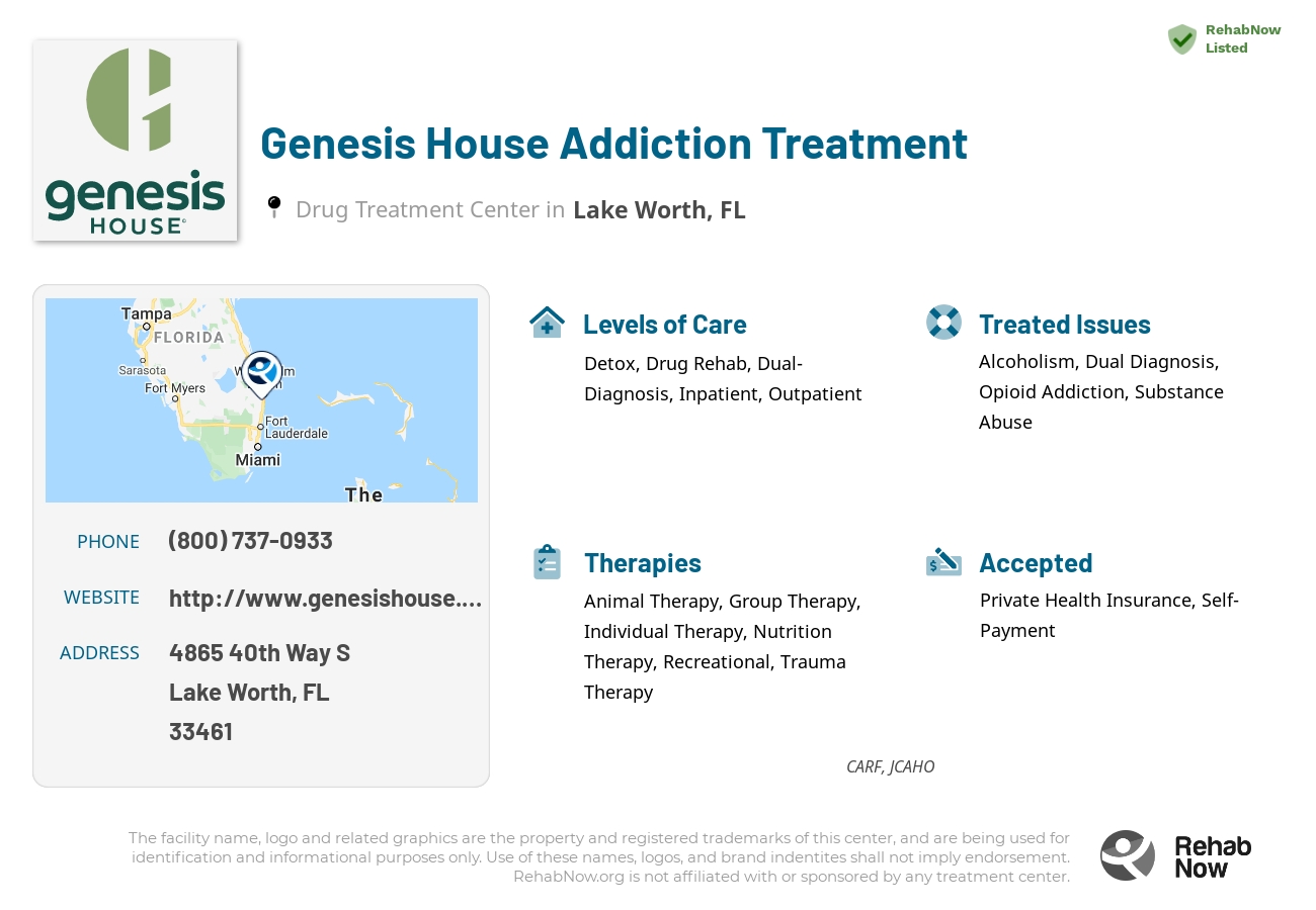 Helpful reference information for Genesis House Addiction Treatment, a drug treatment center in Florida located at: 4865 40th Way S, Lake Worth, FL, 33461, including phone numbers, official website, and more. Listed briefly is an overview of Levels of Care, Therapies Offered, Issues Treated, and accepted forms of Payment Methods.