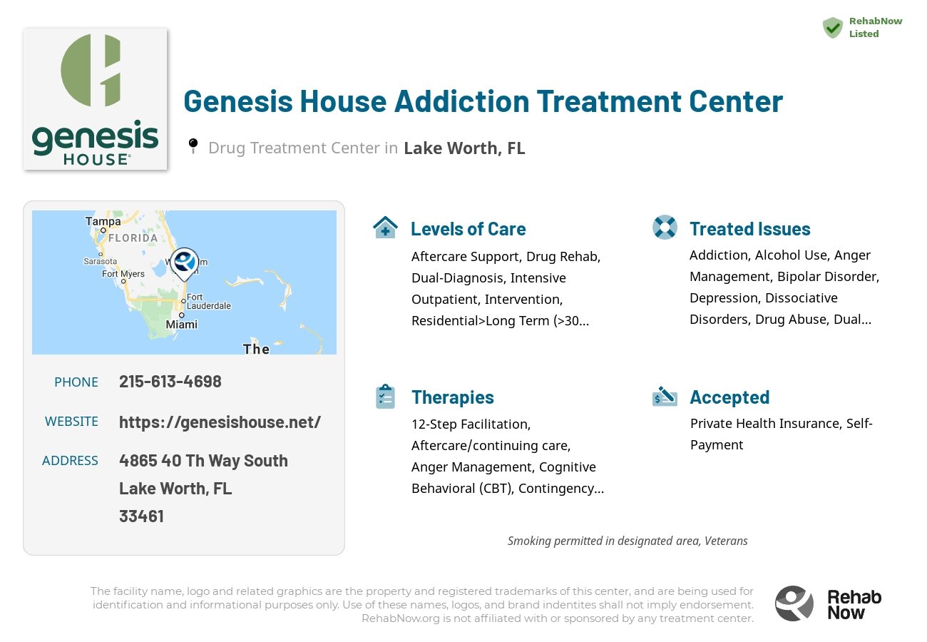 Helpful reference information for Genesis House Addiction Treatment Center, a drug treatment center in Florida located at: 4865 40 Th Way South, Lake Worth, FL 33461, including phone numbers, official website, and more. Listed briefly is an overview of Levels of Care, Therapies Offered, Issues Treated, and accepted forms of Payment Methods.