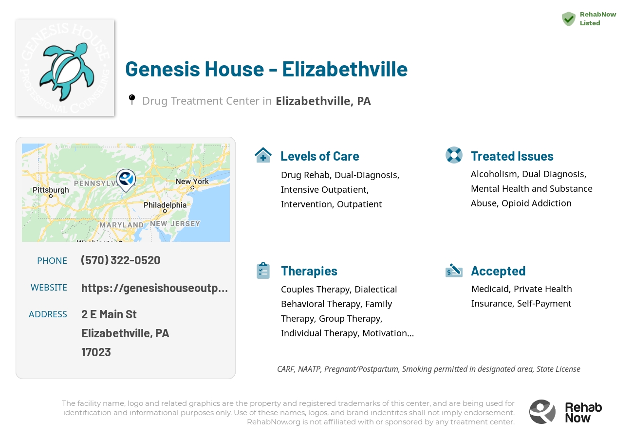 Helpful reference information for Genesis House - Elizabethville, a drug treatment center in Pennsylvania located at: 2 E Main St, Elizabethville, PA 17023, including phone numbers, official website, and more. Listed briefly is an overview of Levels of Care, Therapies Offered, Issues Treated, and accepted forms of Payment Methods.