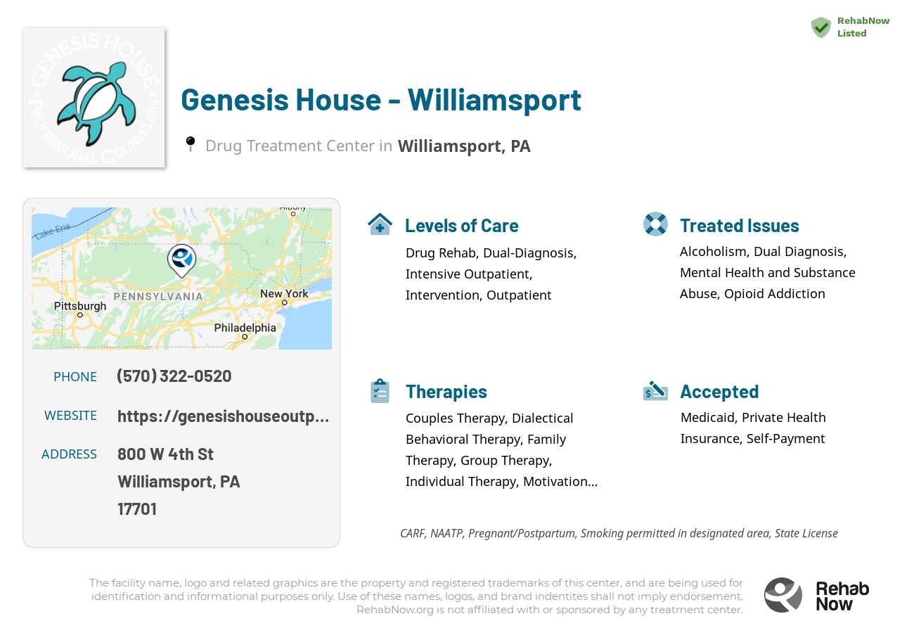 Helpful reference information for Genesis House - Williamsport, a drug treatment center in Pennsylvania located at: 800 W 4th St, Williamsport, PA 17701, including phone numbers, official website, and more. Listed briefly is an overview of Levels of Care, Therapies Offered, Issues Treated, and accepted forms of Payment Methods.