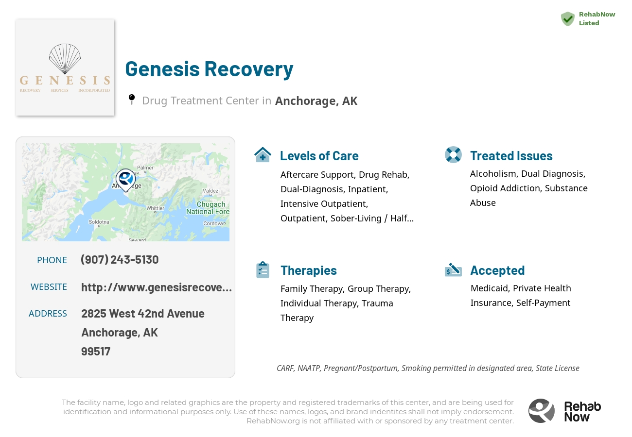 Helpful reference information for Genesis Recovery, a drug treatment center in Alaska located at: 2825 West 42nd Avenue, Anchorage, AK, 99517, including phone numbers, official website, and more. Listed briefly is an overview of Levels of Care, Therapies Offered, Issues Treated, and accepted forms of Payment Methods.