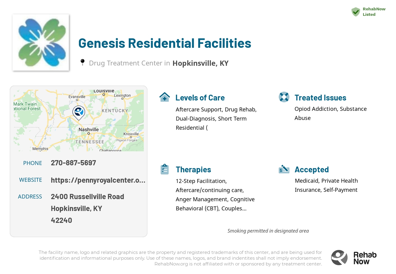 Helpful reference information for Genesis Residential Facilities, a drug treatment center in Kentucky located at: 2400 Russellville Road, Hopkinsville, KY 42240, including phone numbers, official website, and more. Listed briefly is an overview of Levels of Care, Therapies Offered, Issues Treated, and accepted forms of Payment Methods.