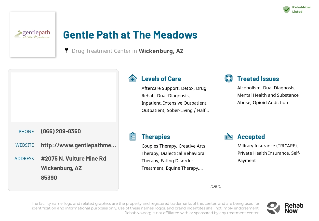 Helpful reference information for Gentle Path at The Meadows, a drug treatment center in Arizona located at: #2075 N. Vulture Mine Rd, Wickenburg, AZ, 85390, including phone numbers, official website, and more. Listed briefly is an overview of Levels of Care, Therapies Offered, Issues Treated, and accepted forms of Payment Methods.