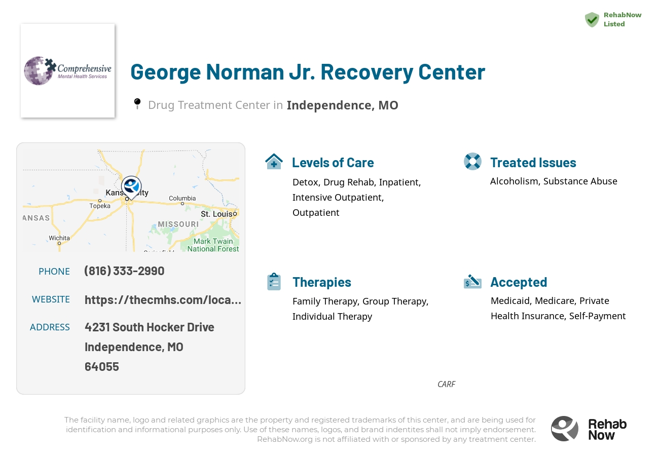 Helpful reference information for George Norman Jr. Recovery Center, a drug treatment center in Missouri located at: 4231 4231 South Hocker Drive, Independence, MO 64055, including phone numbers, official website, and more. Listed briefly is an overview of Levels of Care, Therapies Offered, Issues Treated, and accepted forms of Payment Methods.