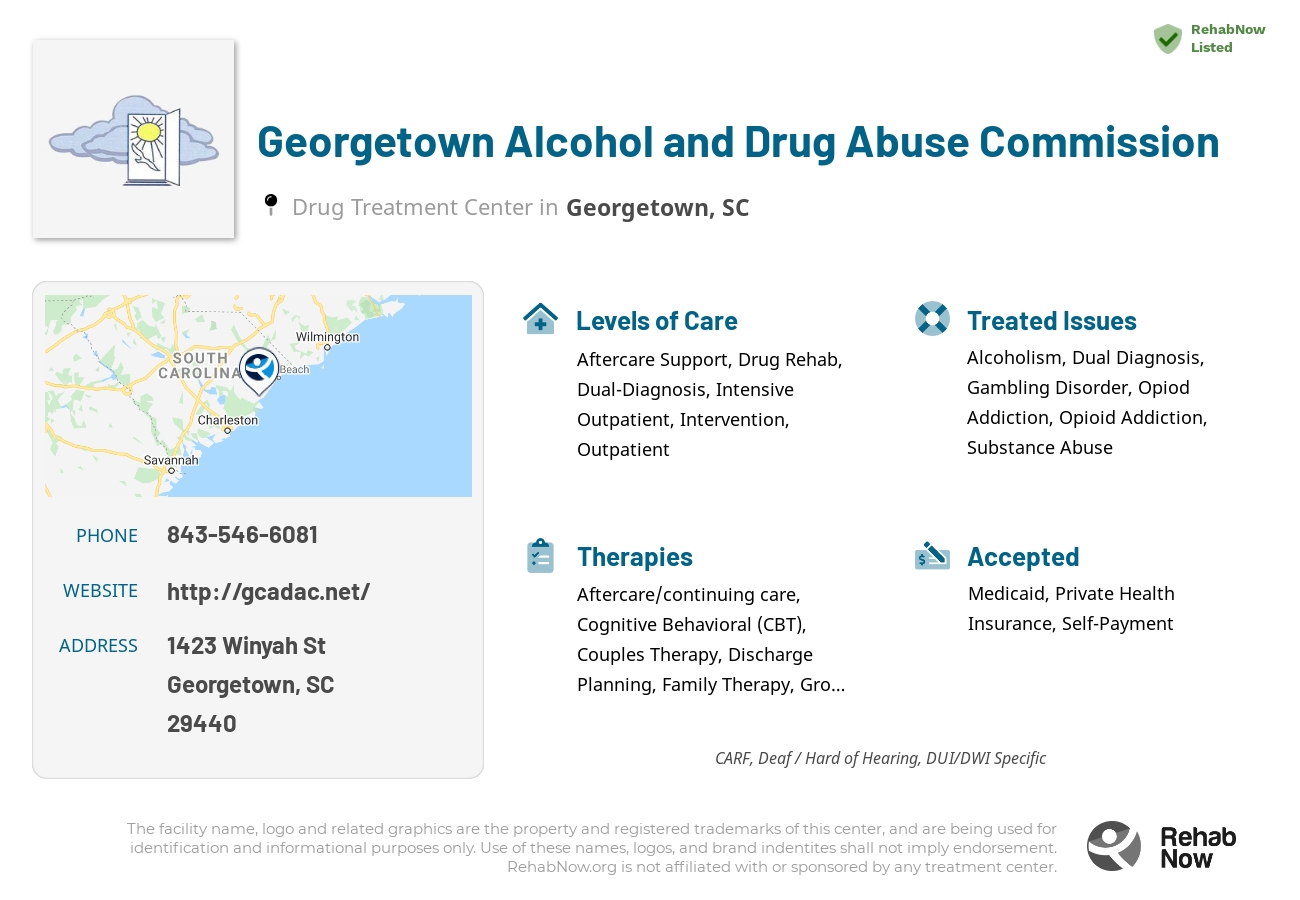 Helpful reference information for Georgetown Alcohol and Drug Abuse Commission, a drug treatment center in South Carolina located at: 1423 Winyah St, Georgetown, SC 29440, including phone numbers, official website, and more. Listed briefly is an overview of Levels of Care, Therapies Offered, Issues Treated, and accepted forms of Payment Methods.