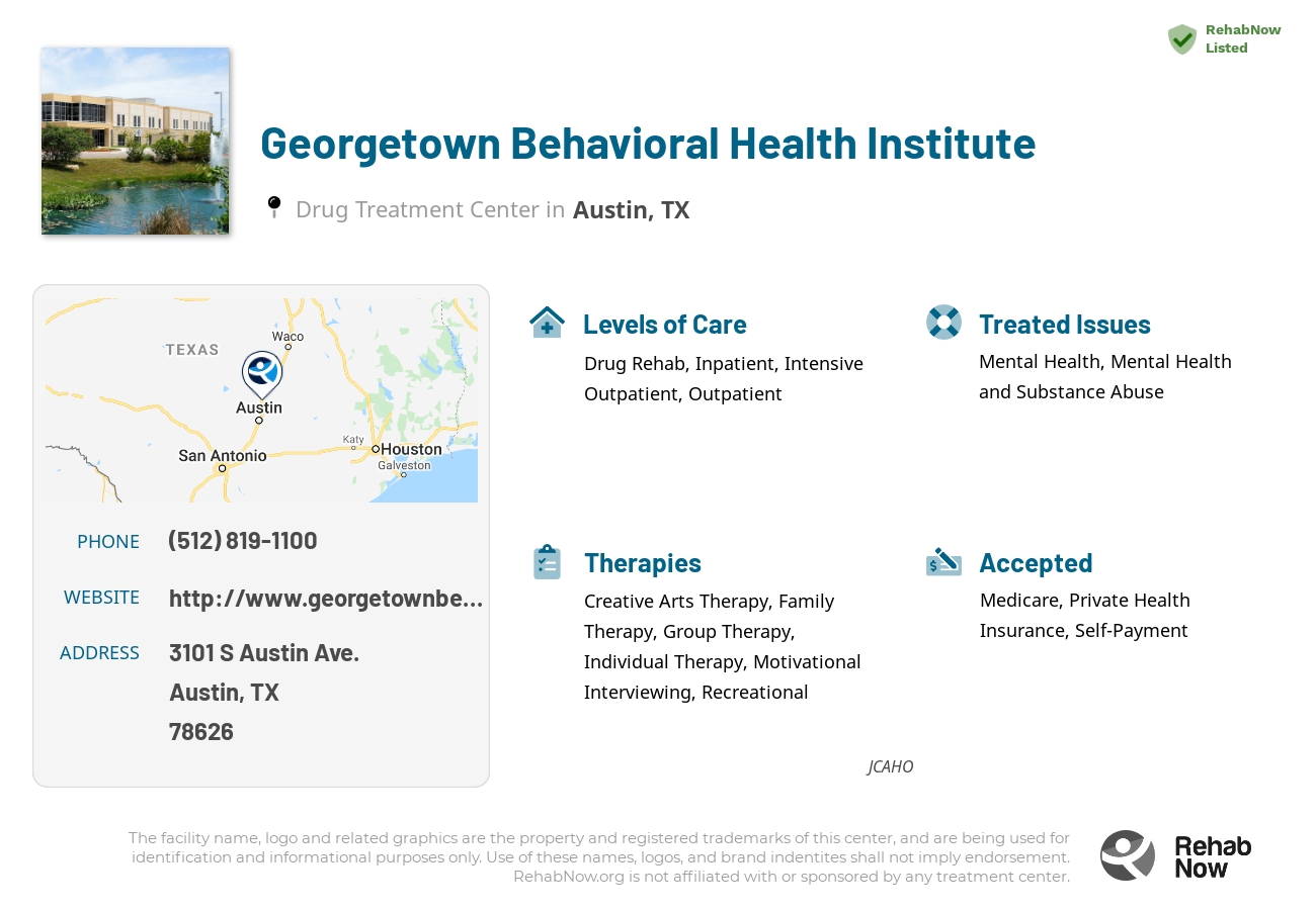 Helpful reference information for Georgetown Behavioral Health Institute, a drug treatment center in Texas located at: 3101 S Austin Ave., Austin, TX, 78626, including phone numbers, official website, and more. Listed briefly is an overview of Levels of Care, Therapies Offered, Issues Treated, and accepted forms of Payment Methods.