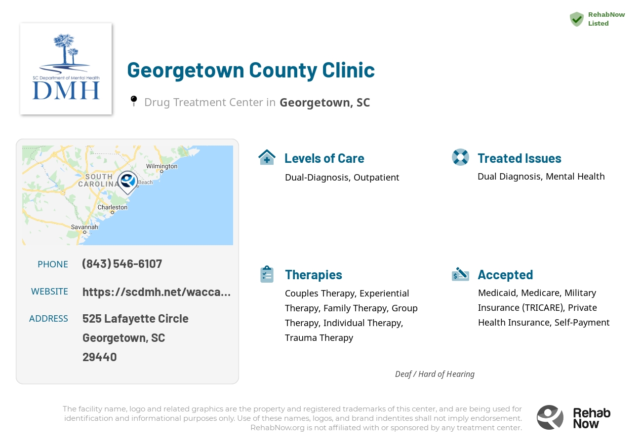 Helpful reference information for Georgetown County Clinic, a drug treatment center in South Carolina located at: 525 525 Lafayette Circle, Georgetown, SC 29440, including phone numbers, official website, and more. Listed briefly is an overview of Levels of Care, Therapies Offered, Issues Treated, and accepted forms of Payment Methods.