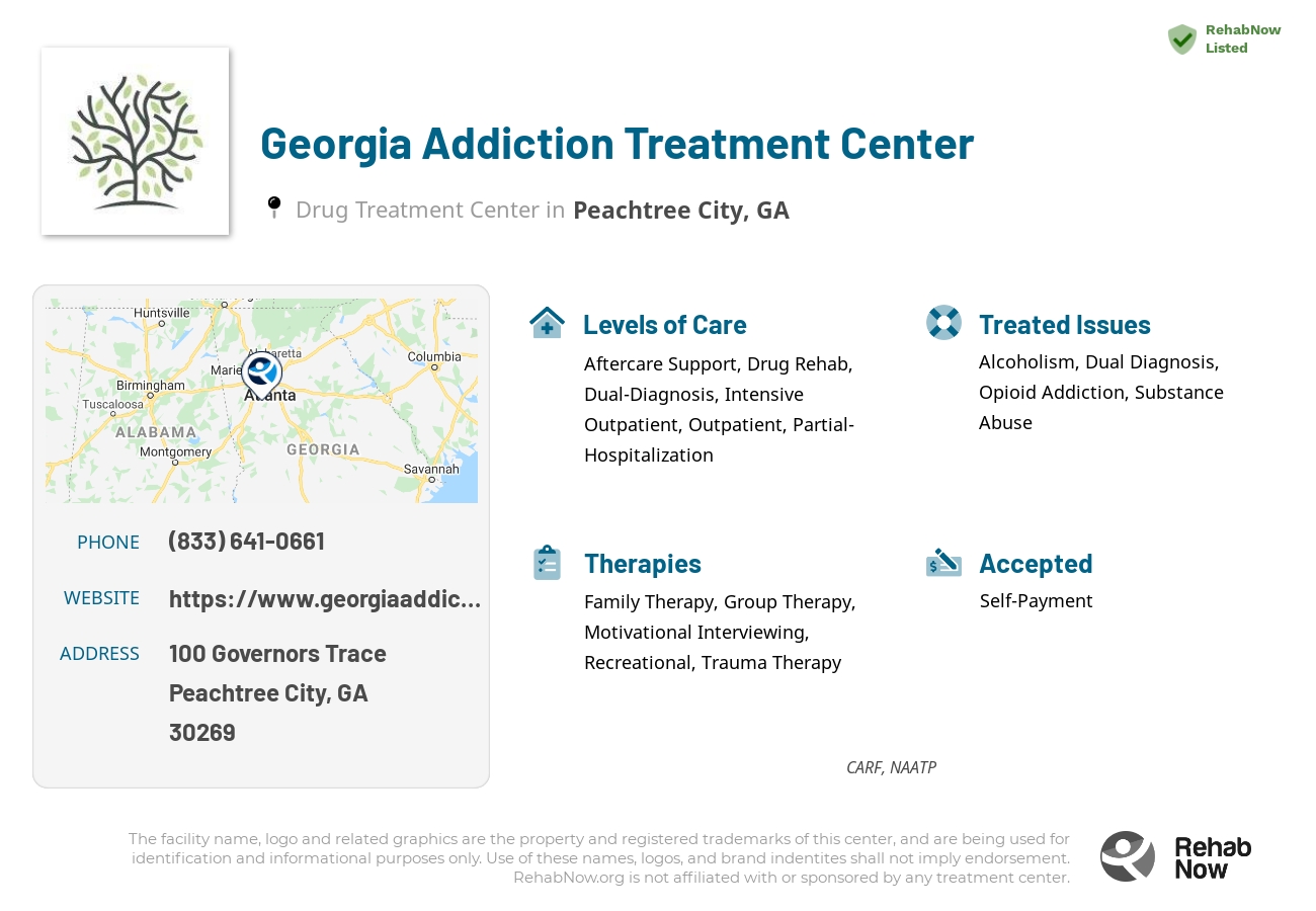 Helpful reference information for Georgia Addiction Treatment Center, a drug treatment center in Georgia located at: 100 Governors Trace, Suite 109-110, Peachtree City, GA, 30269, including phone numbers, official website, and more. Listed briefly is an overview of Levels of Care, Therapies Offered, Issues Treated, and accepted forms of Payment Methods.