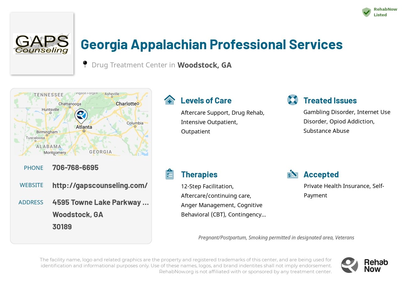 Helpful reference information for Georgia Appalachian Professional Services, a drug treatment center in Georgia located at: 4595 Towne Lake Parkway Building 300, Suite 100, Woodstock, GA 30189, including phone numbers, official website, and more. Listed briefly is an overview of Levels of Care, Therapies Offered, Issues Treated, and accepted forms of Payment Methods.