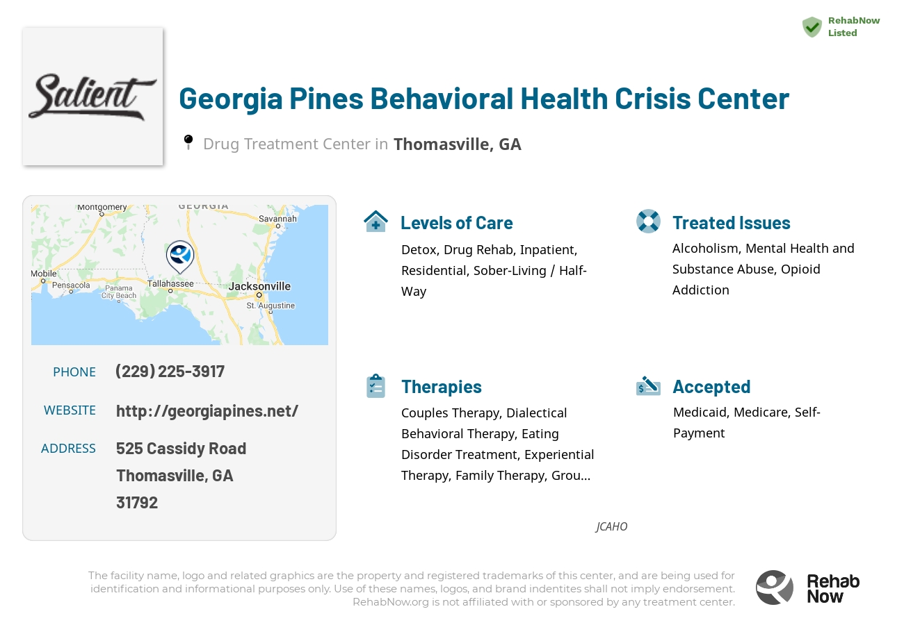 Helpful reference information for Georgia Pines Behavioral Health Crisis Center, a drug treatment center in Georgia located at: 525 525 Cassidy Road, Thomasville, GA 31792, including phone numbers, official website, and more. Listed briefly is an overview of Levels of Care, Therapies Offered, Issues Treated, and accepted forms of Payment Methods.