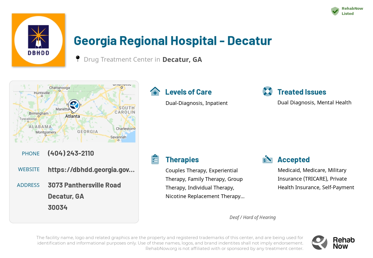 Helpful reference information for Georgia Regional Hospital - Decatur, a drug treatment center in Georgia located at: 3073 3073 Panthersville Road, Decatur, GA 30034, including phone numbers, official website, and more. Listed briefly is an overview of Levels of Care, Therapies Offered, Issues Treated, and accepted forms of Payment Methods.