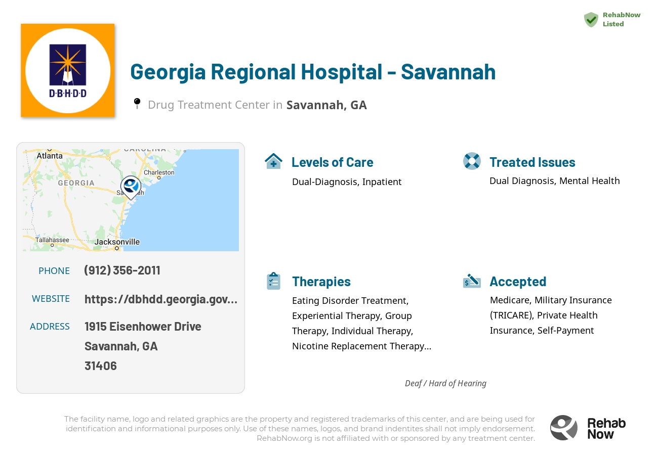 Helpful reference information for Georgia Regional Hospital - Savannah, a drug treatment center in Georgia located at: 1915 1915 Eisenhower Drive, Savannah, GA 31406, including phone numbers, official website, and more. Listed briefly is an overview of Levels of Care, Therapies Offered, Issues Treated, and accepted forms of Payment Methods.