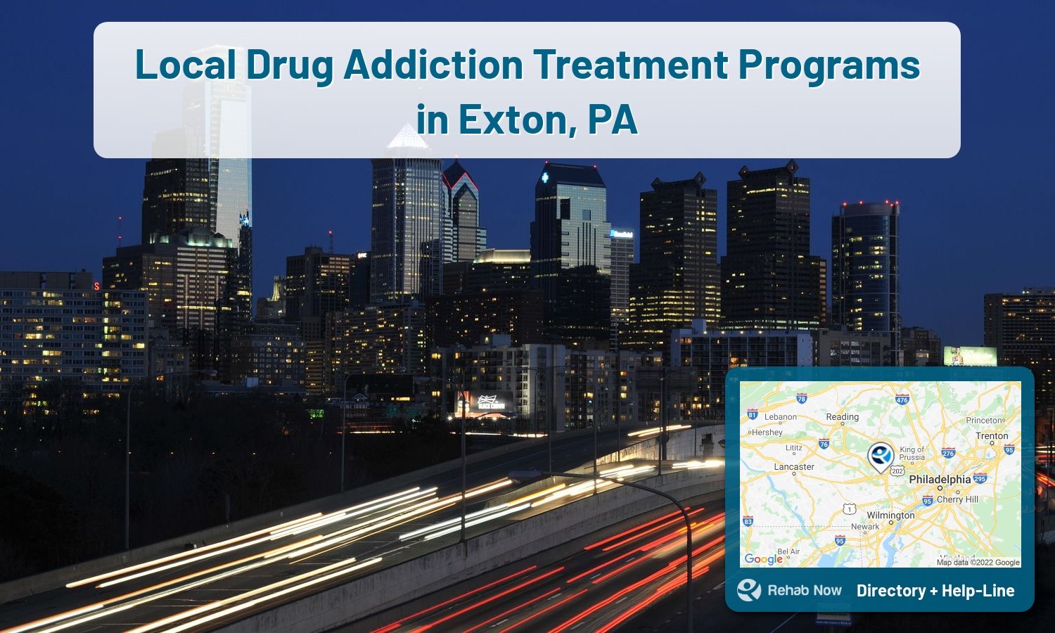 Need treatment nearby in Exton, Pennsylvania? Choose a drug/alcohol rehab center from our list, or call our hotline now for free help.