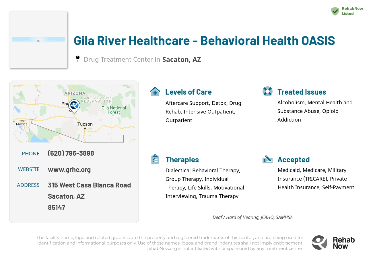 Helpful reference information for Gila River Healthcare - Behavioral Health OASIS, a drug treatment center in Arizona located at: 315 West Casa Blanca Road, Sacaton, AZ, 85147, including phone numbers, official website, and more. Listed briefly is an overview of Levels of Care, Therapies Offered, Issues Treated, and accepted forms of Payment Methods.