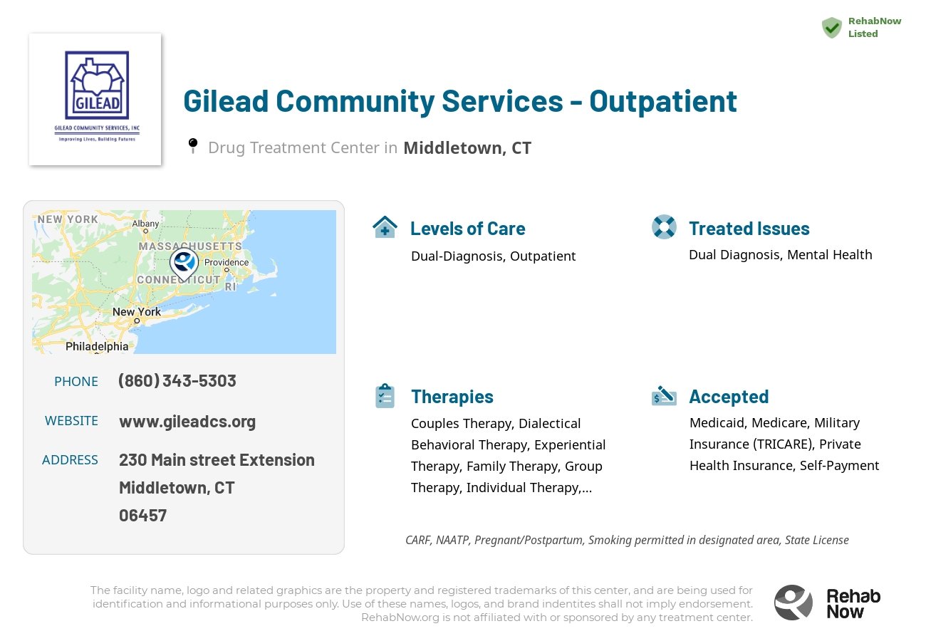 Helpful reference information for Gilead Community Services - Outpatient, a drug treatment center in Connecticut located at: 230 Main street Extension, Middletown, CT, 06457, including phone numbers, official website, and more. Listed briefly is an overview of Levels of Care, Therapies Offered, Issues Treated, and accepted forms of Payment Methods.