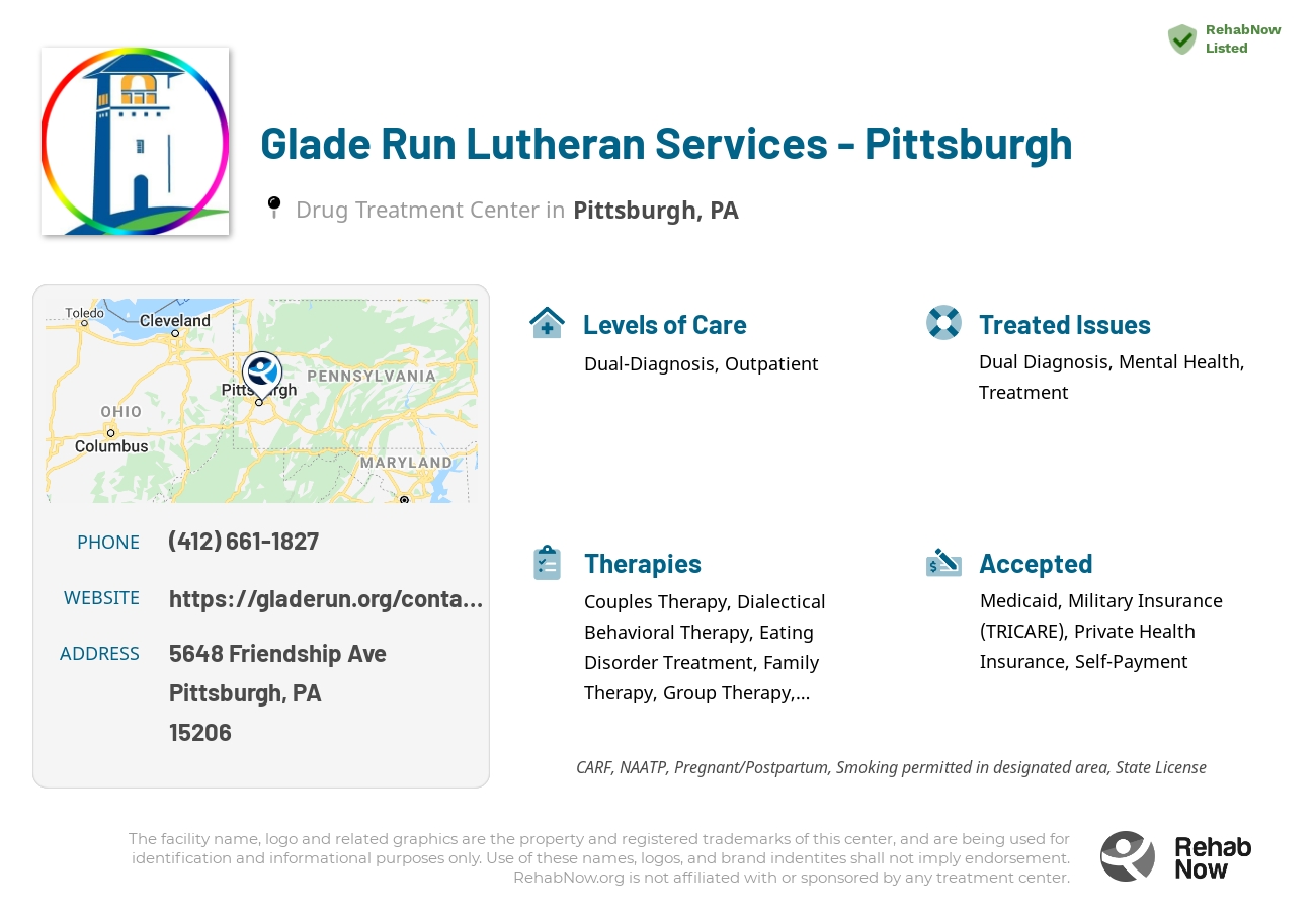 Helpful reference information for Glade Run Lutheran Services - Pittsburgh, a drug treatment center in Pennsylvania located at: 5648 Friendship Ave, Pittsburgh, PA 15206, including phone numbers, official website, and more. Listed briefly is an overview of Levels of Care, Therapies Offered, Issues Treated, and accepted forms of Payment Methods.
