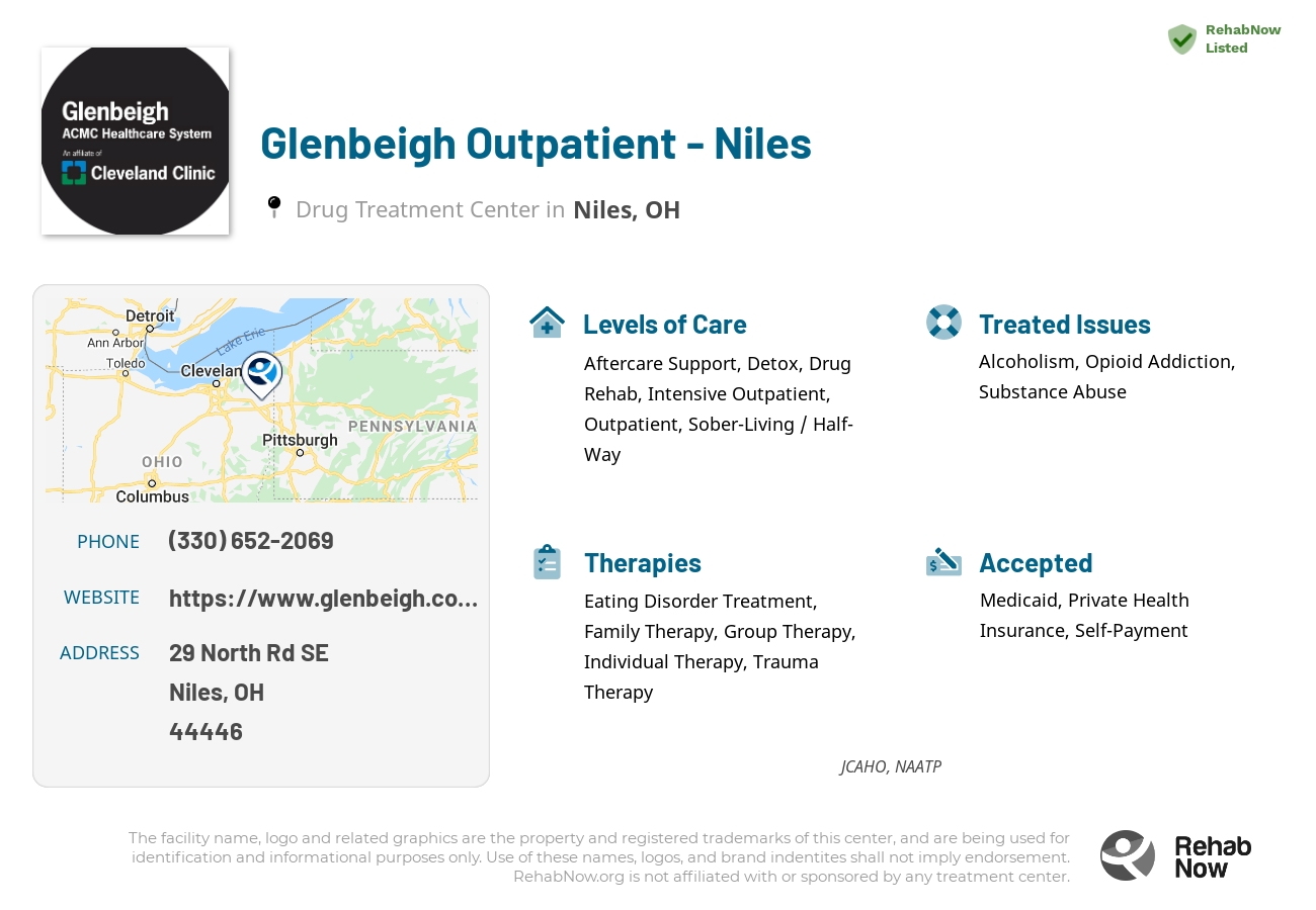 Helpful reference information for Glenbeigh Outpatient - Niles, a drug treatment center in Ohio located at: 29 North Rd SE, Niles, OH 44446, including phone numbers, official website, and more. Listed briefly is an overview of Levels of Care, Therapies Offered, Issues Treated, and accepted forms of Payment Methods.