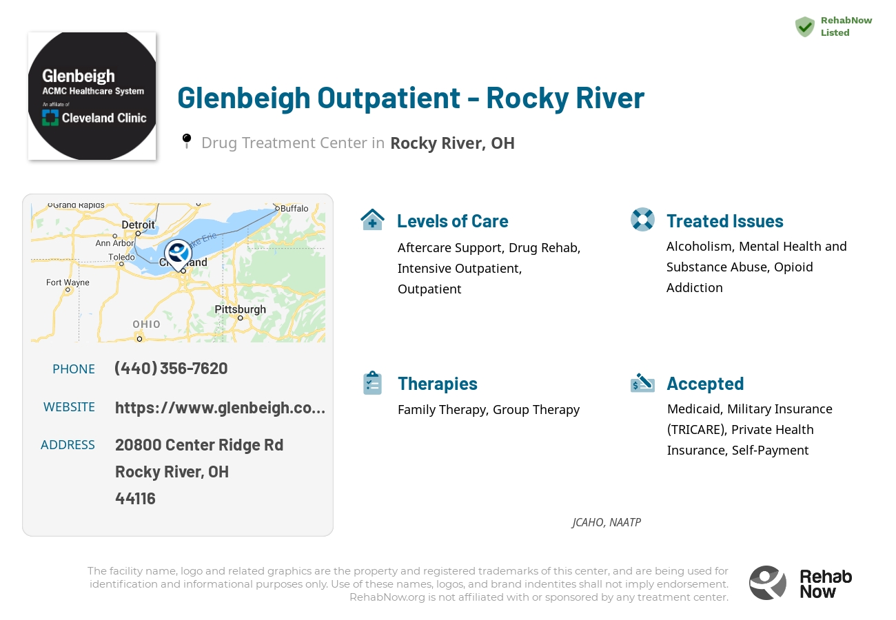 Helpful reference information for Glenbeigh Outpatient - Rocky River, a drug treatment center in Ohio located at: 20800 Center Ridge Rd, Rocky River, OH 44116, including phone numbers, official website, and more. Listed briefly is an overview of Levels of Care, Therapies Offered, Issues Treated, and accepted forms of Payment Methods.
