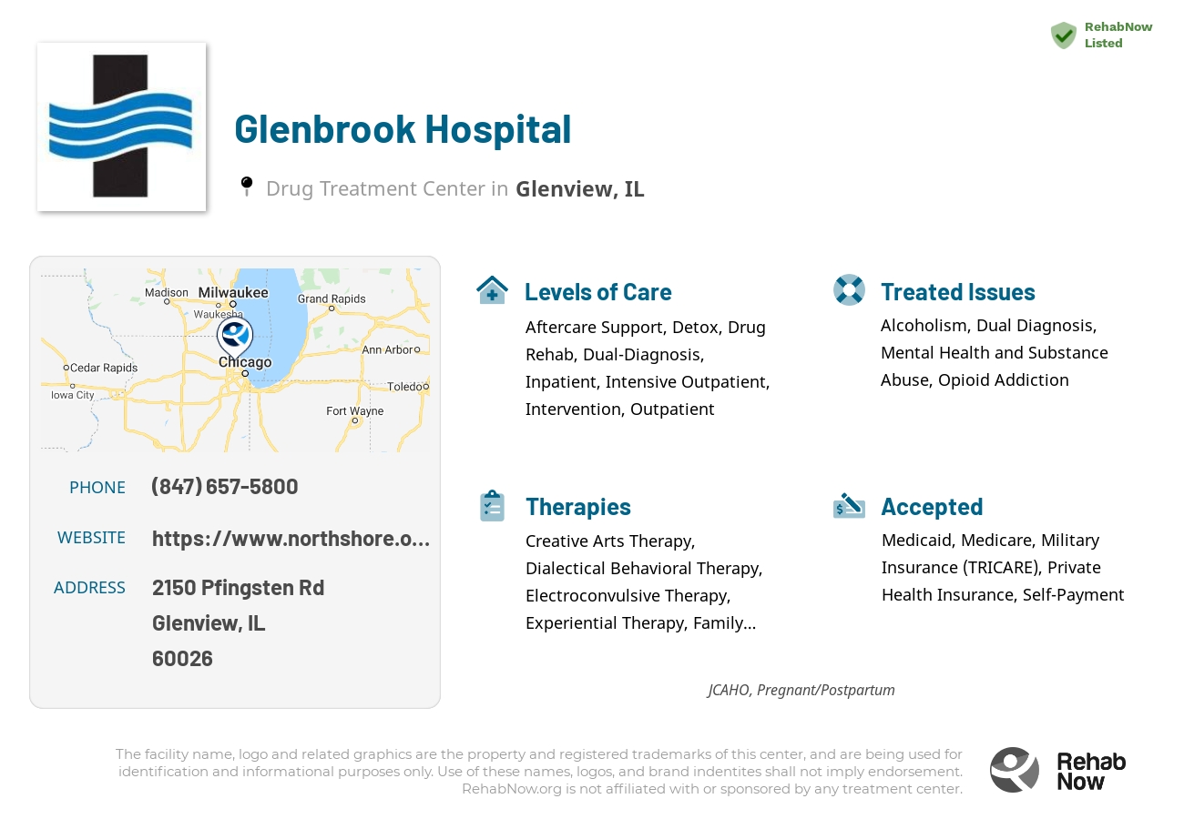 Helpful reference information for Glenbrook Hospital, a drug treatment center in Illinois located at: 2150 Pfingsten Rd, Glenview, IL 60026, including phone numbers, official website, and more. Listed briefly is an overview of Levels of Care, Therapies Offered, Issues Treated, and accepted forms of Payment Methods.