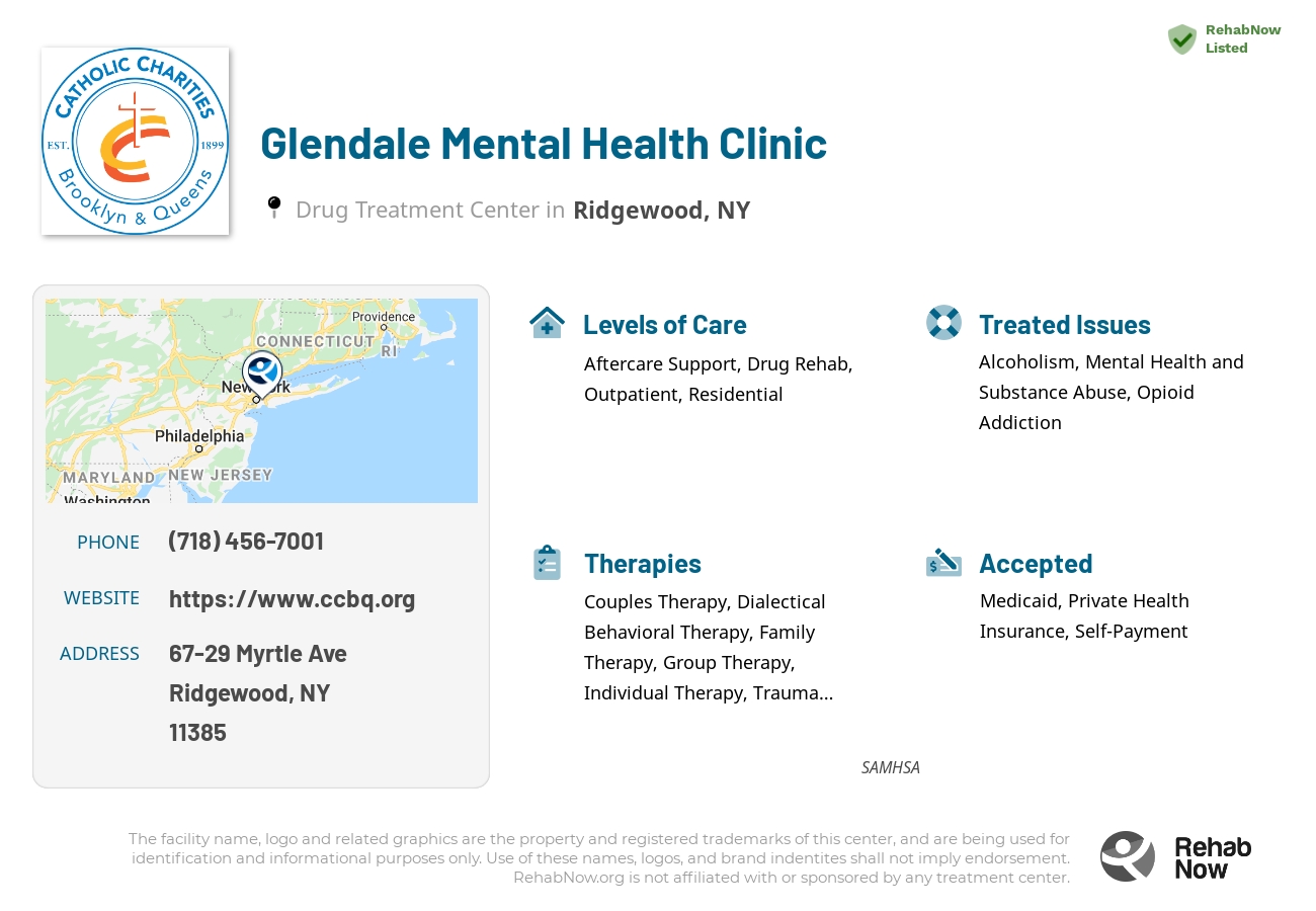 Helpful reference information for Glendale Mental Health Clinic, a drug treatment center in New York located at: 67-29 Myrtle Ave, Ridgewood, NY 11385, including phone numbers, official website, and more. Listed briefly is an overview of Levels of Care, Therapies Offered, Issues Treated, and accepted forms of Payment Methods.