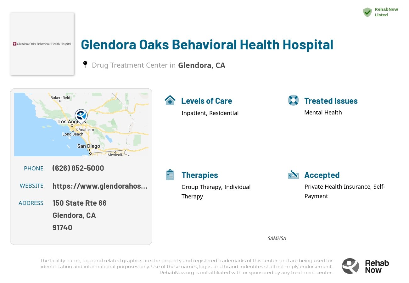 Helpful reference information for Glendora Oaks Behavioral Health Hospital, a drug treatment center in California located at: 150 State Rte 66, Glendora, CA 91740, including phone numbers, official website, and more. Listed briefly is an overview of Levels of Care, Therapies Offered, Issues Treated, and accepted forms of Payment Methods.