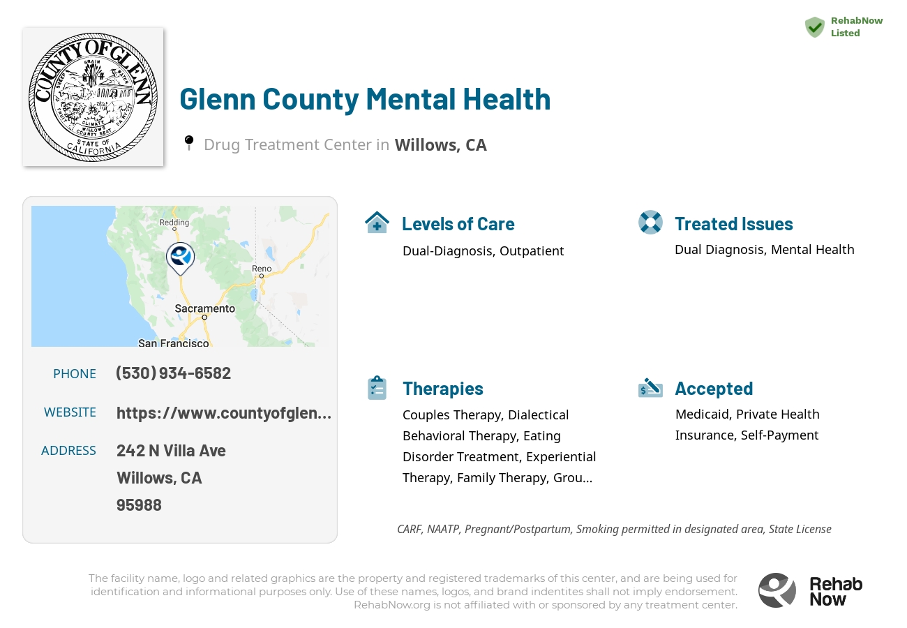 Helpful reference information for Glenn County Mental Health, a drug treatment center in California located at: 242 N Villa Ave, Willows, CA 95988, including phone numbers, official website, and more. Listed briefly is an overview of Levels of Care, Therapies Offered, Issues Treated, and accepted forms of Payment Methods.