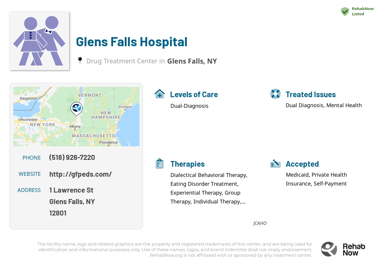 Helpful reference information for Glens Falls Hospital, a drug treatment center in New York located at: 1 Lawrence St, Glens Falls, NY 12801, including phone numbers, official website, and more. Listed briefly is an overview of Levels of Care, Therapies Offered, Issues Treated, and accepted forms of Payment Methods.