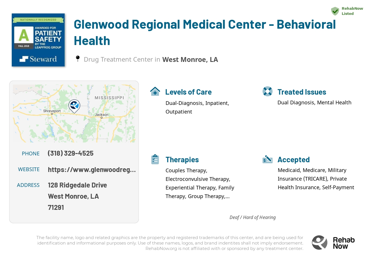 Helpful reference information for Glenwood Regional Medical Center - Behavioral Health, a drug treatment center in Louisiana located at: 128 128 Ridgedale Drive, West Monroe, LA 71291, including phone numbers, official website, and more. Listed briefly is an overview of Levels of Care, Therapies Offered, Issues Treated, and accepted forms of Payment Methods.