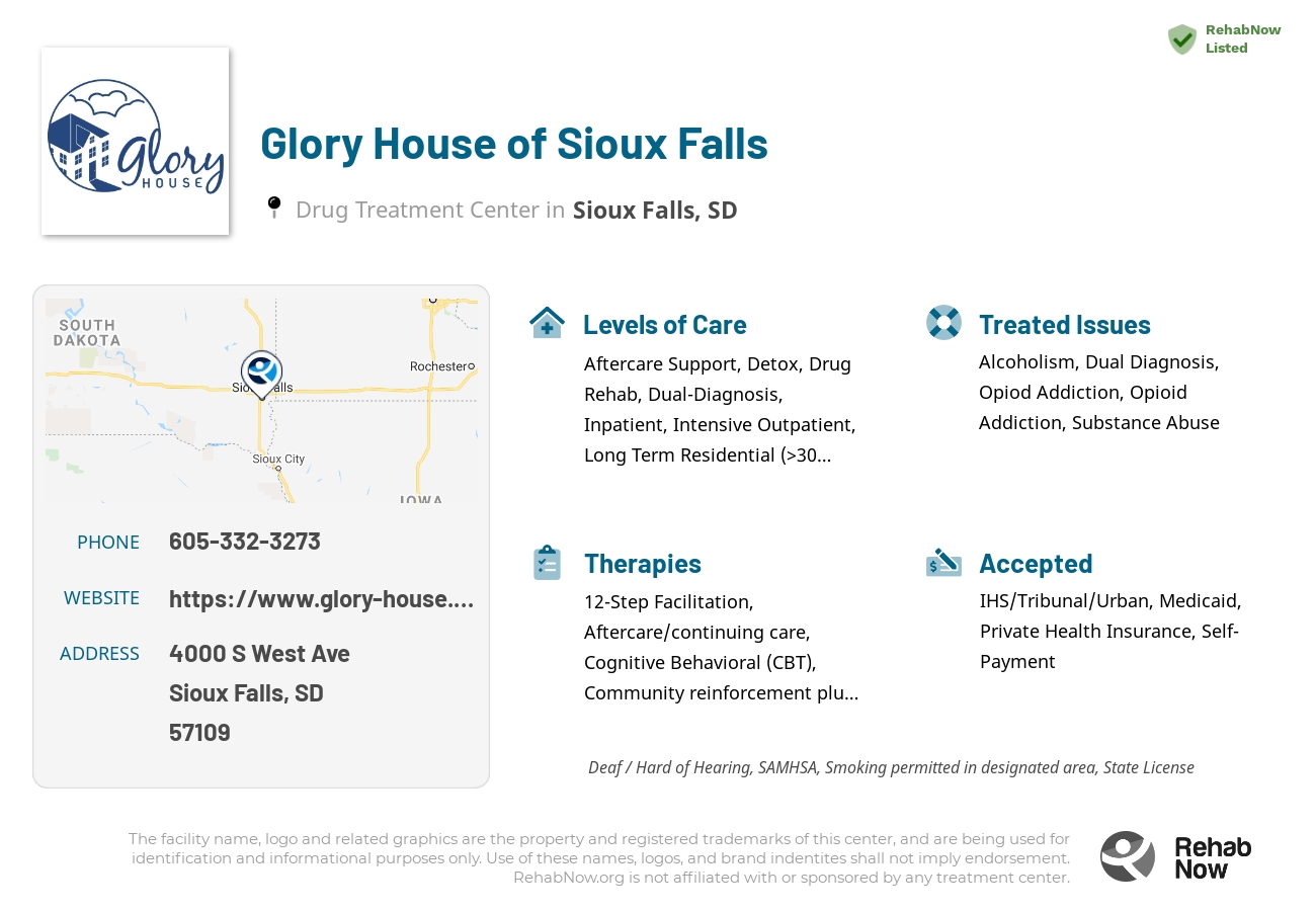 Helpful reference information for Glory House of Sioux Falls, a drug treatment center in South Dakota located at: 4000 S West Ave, Sioux Falls, SD 57109, including phone numbers, official website, and more. Listed briefly is an overview of Levels of Care, Therapies Offered, Issues Treated, and accepted forms of Payment Methods.