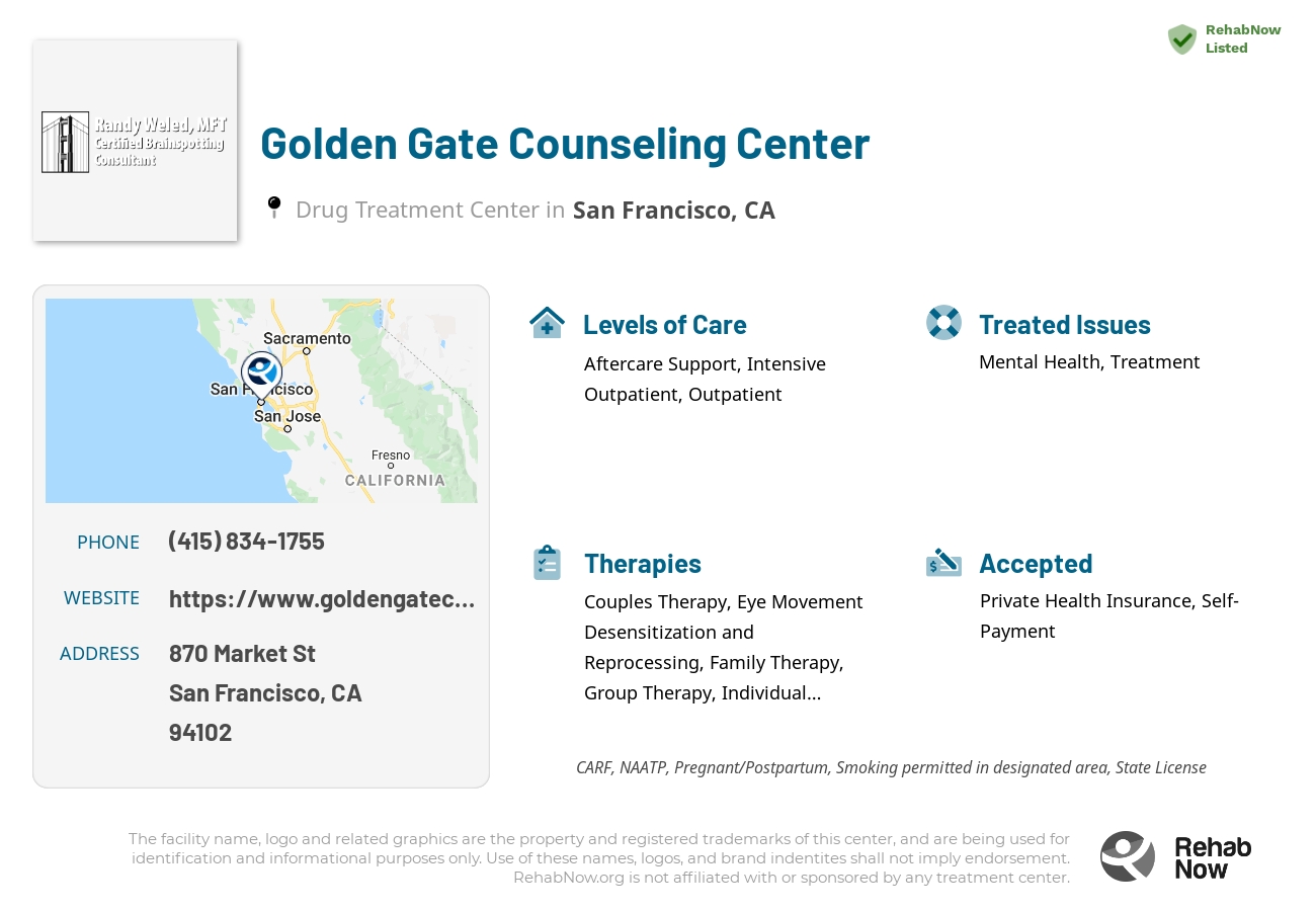 Helpful reference information for Golden Gate Counseling Center, a drug treatment center in California located at: 870 Market St, San Francisco, CA 94102, including phone numbers, official website, and more. Listed briefly is an overview of Levels of Care, Therapies Offered, Issues Treated, and accepted forms of Payment Methods.