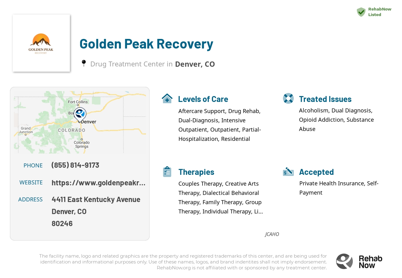 Helpful reference information for Golden Peak Recovery, a drug treatment center in Colorado located at: 4411 East Kentucky Avenue, Denver, CO, 80246, including phone numbers, official website, and more. Listed briefly is an overview of Levels of Care, Therapies Offered, Issues Treated, and accepted forms of Payment Methods.