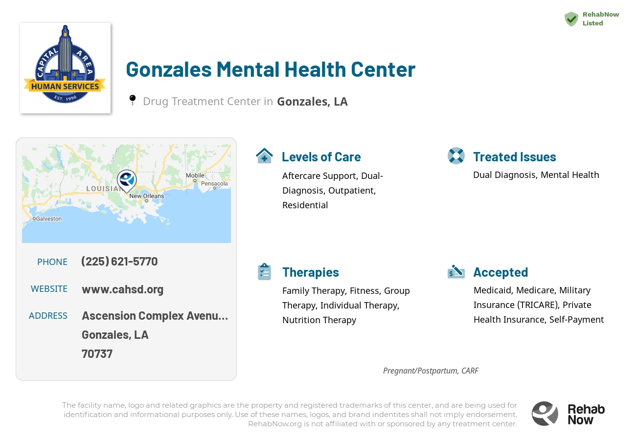 Helpful reference information for Gonzales Mental Health Center, a drug treatment center in Louisiana located at: Ascension Complex Avenue 1112 S. East, Gonzales, LA 70737, including phone numbers, official website, and more. Listed briefly is an overview of Levels of Care, Therapies Offered, Issues Treated, and accepted forms of Payment Methods.