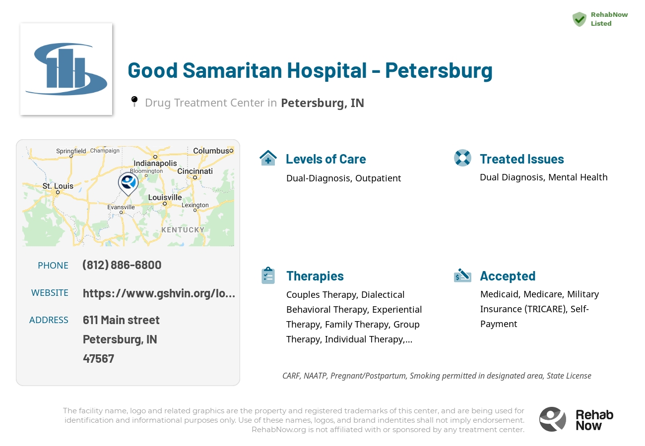 Helpful reference information for Good Samaritan Hospital - Petersburg, a drug treatment center in Indiana located at: 611 611 Main street, Petersburg, IN 47567, including phone numbers, official website, and more. Listed briefly is an overview of Levels of Care, Therapies Offered, Issues Treated, and accepted forms of Payment Methods.