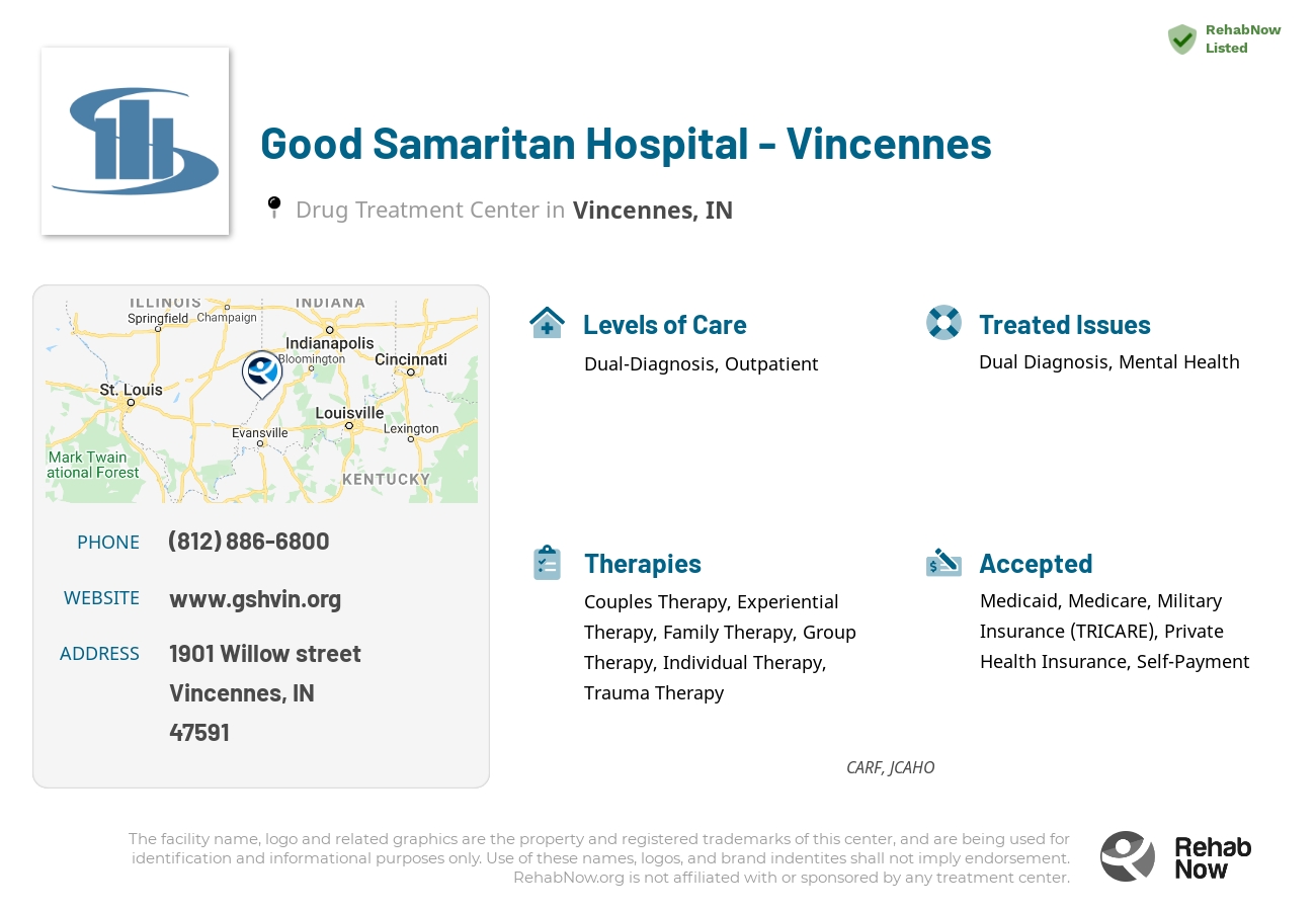 Helpful reference information for Good Samaritan Hospital - Vincennes, a drug treatment center in Indiana located at: 1901 Willow street, Vincennes, IN, 47591, including phone numbers, official website, and more. Listed briefly is an overview of Levels of Care, Therapies Offered, Issues Treated, and accepted forms of Payment Methods.