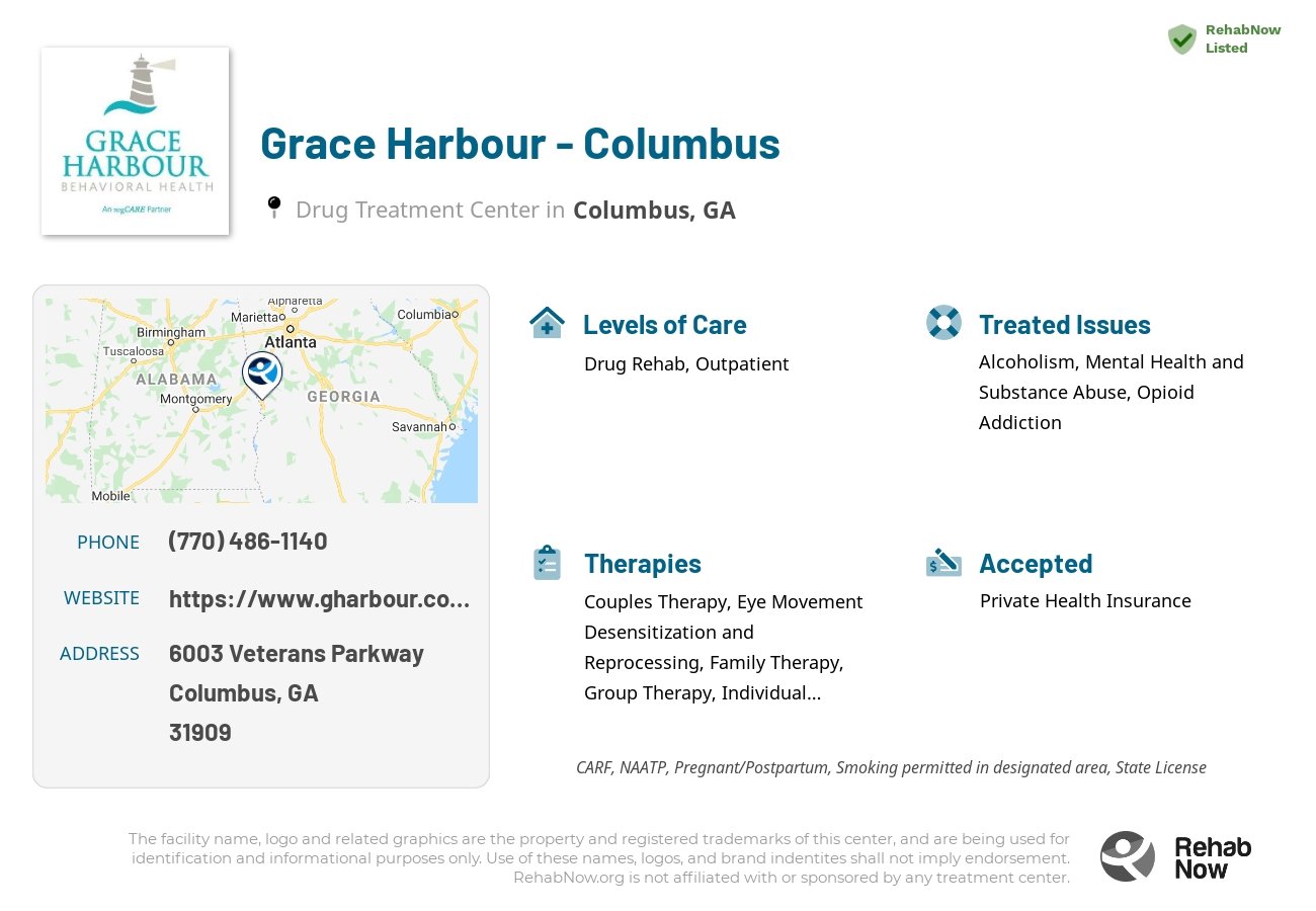 Helpful reference information for Grace Harbour - Columbus, a drug treatment center in Georgia located at: 6003 6003 Veterans Parkway, Columbus, GA 31909, including phone numbers, official website, and more. Listed briefly is an overview of Levels of Care, Therapies Offered, Issues Treated, and accepted forms of Payment Methods.