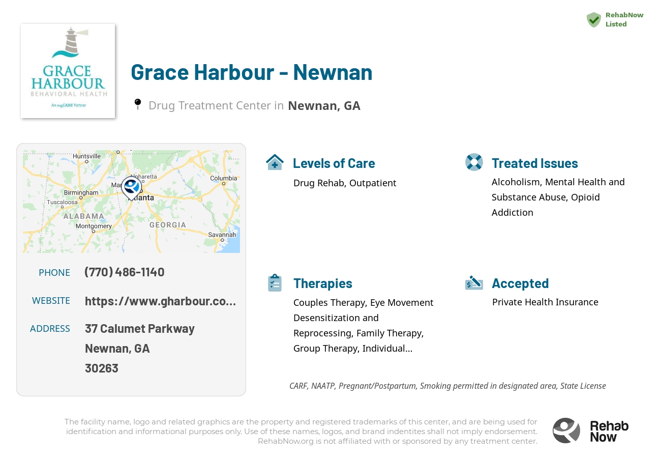 Helpful reference information for Grace Harbour - Newnan, a drug treatment center in Georgia located at: 37 37 Calumet Parkway, Newnan, GA 30263, including phone numbers, official website, and more. Listed briefly is an overview of Levels of Care, Therapies Offered, Issues Treated, and accepted forms of Payment Methods.