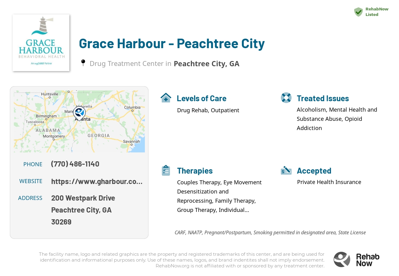 Helpful reference information for Grace Harbour - Peachtree City, a drug treatment center in Georgia located at: 200 200 Westpark Drive, Peachtree City, GA 30269, including phone numbers, official website, and more. Listed briefly is an overview of Levels of Care, Therapies Offered, Issues Treated, and accepted forms of Payment Methods.