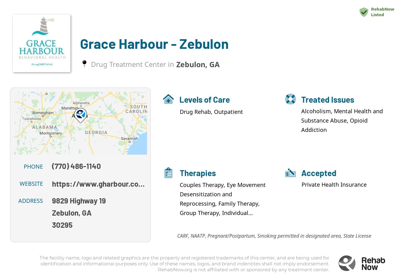 Helpful reference information for Grace Harbour - Zebulon, a drug treatment center in Georgia located at: 9829 9829 Highway 19, Zebulon, GA 30295, including phone numbers, official website, and more. Listed briefly is an overview of Levels of Care, Therapies Offered, Issues Treated, and accepted forms of Payment Methods.