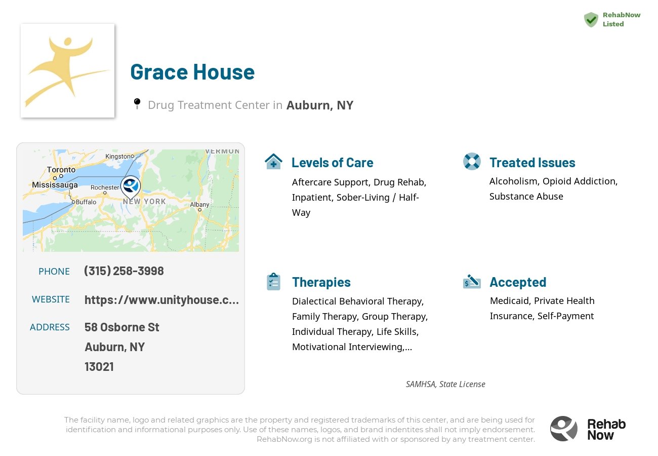 Helpful reference information for Grace House, a drug treatment center in New York located at: 58 Osborne St, Auburn, NY 13021, including phone numbers, official website, and more. Listed briefly is an overview of Levels of Care, Therapies Offered, Issues Treated, and accepted forms of Payment Methods.