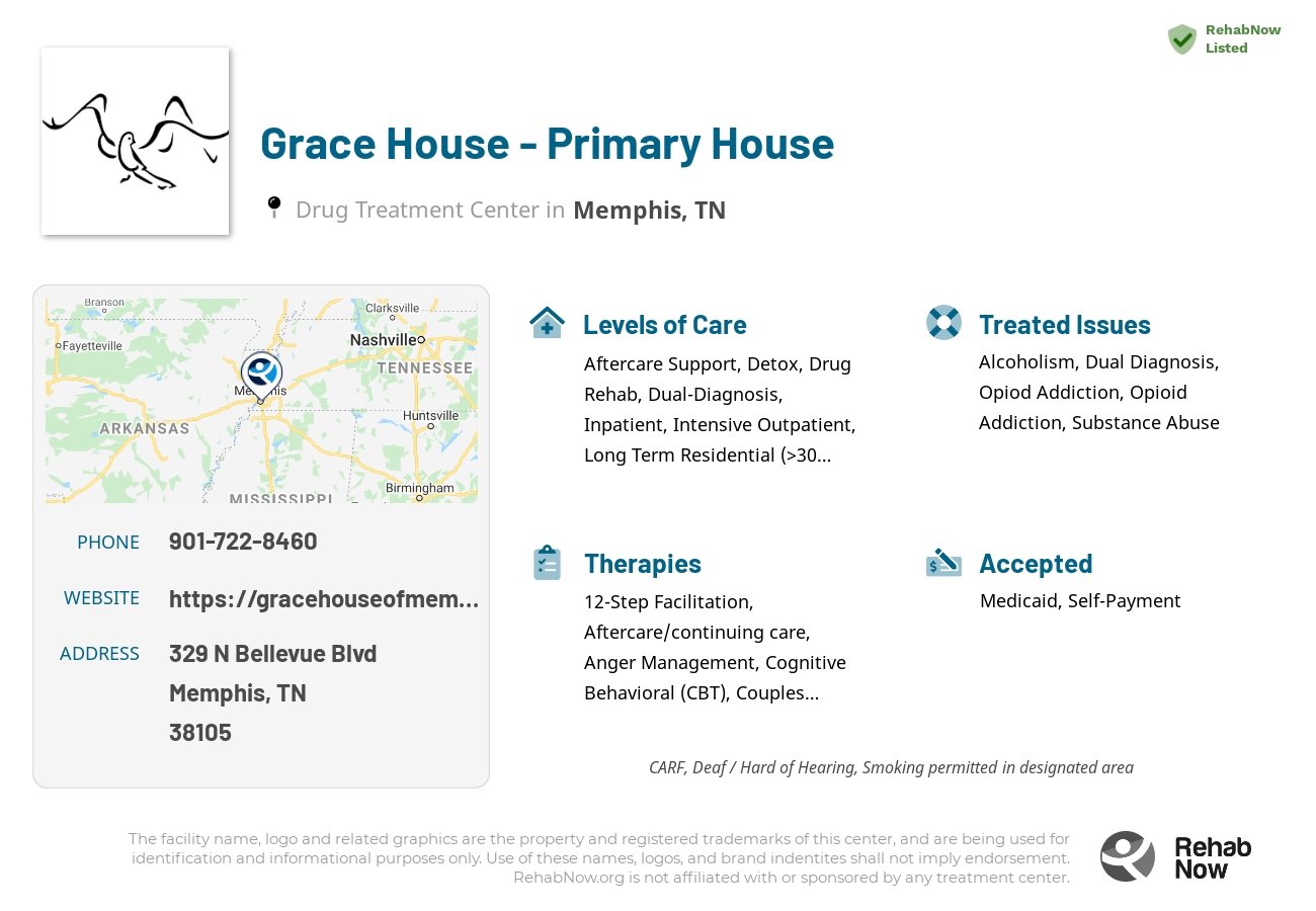 Helpful reference information for Grace House - Primary House, a drug treatment center in Tennessee located at: 329 N Bellevue Blvd, Memphis, TN 38105, including phone numbers, official website, and more. Listed briefly is an overview of Levels of Care, Therapies Offered, Issues Treated, and accepted forms of Payment Methods.