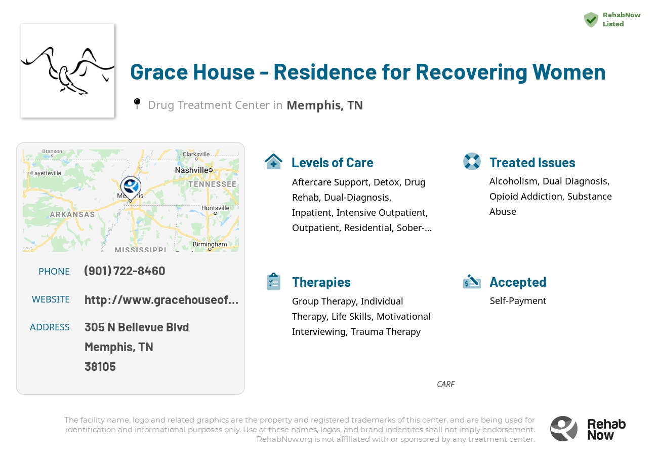 Helpful reference information for Grace House - Residence for Recovering Women, a drug treatment center in Tennessee located at: 305 N Bellevue Blvd, Memphis, TN 38105, including phone numbers, official website, and more. Listed briefly is an overview of Levels of Care, Therapies Offered, Issues Treated, and accepted forms of Payment Methods.