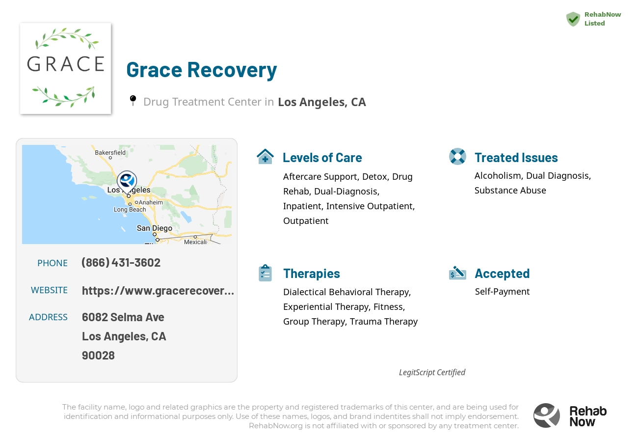 Helpful reference information for Grace Recovery, a drug treatment center in California located at: 6082 Selma Ave, Los Angeles, CA 90028, including phone numbers, official website, and more. Listed briefly is an overview of Levels of Care, Therapies Offered, Issues Treated, and accepted forms of Payment Methods.