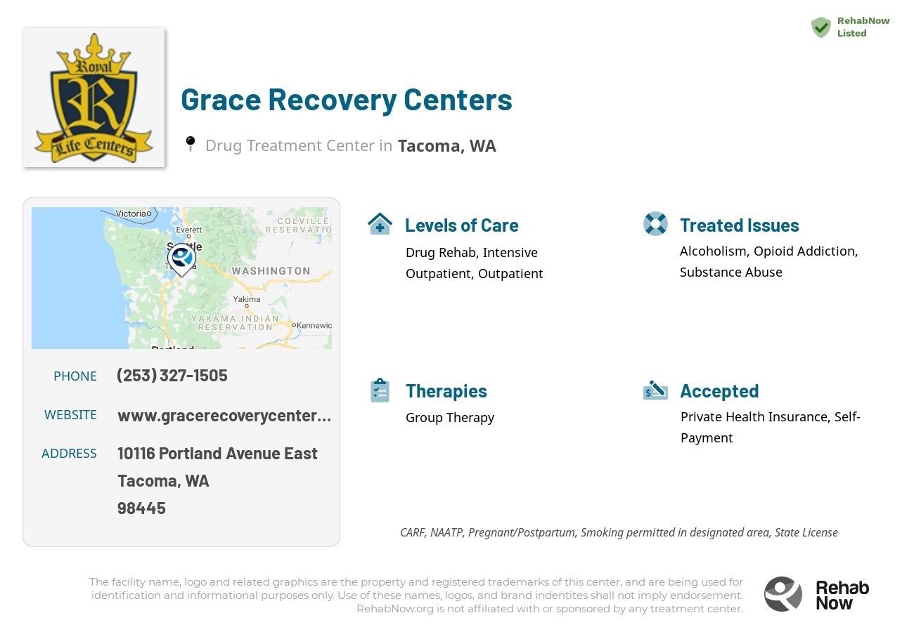 Helpful reference information for Grace Recovery Centers, a drug treatment center in Washington located at: 10116 Portland Avenue East, Tacoma, WA, 98445, including phone numbers, official website, and more. Listed briefly is an overview of Levels of Care, Therapies Offered, Issues Treated, and accepted forms of Payment Methods.