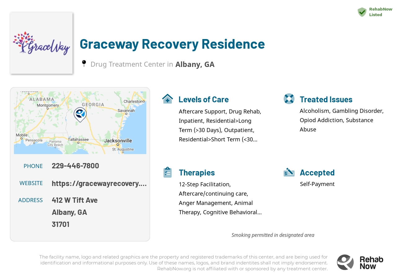 Helpful reference information for Graceway Recovery Residence, a drug treatment center in Georgia located at: 412 W Tift Ave, Albany, GA 31701, including phone numbers, official website, and more. Listed briefly is an overview of Levels of Care, Therapies Offered, Issues Treated, and accepted forms of Payment Methods.